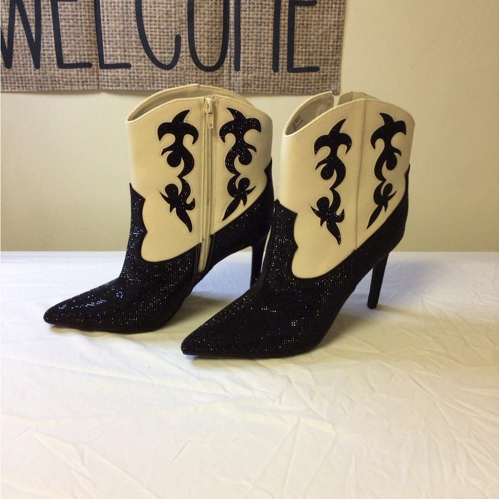 INC International Concepts Black and Cream Heeled Boots‎ with Indigo Motifs